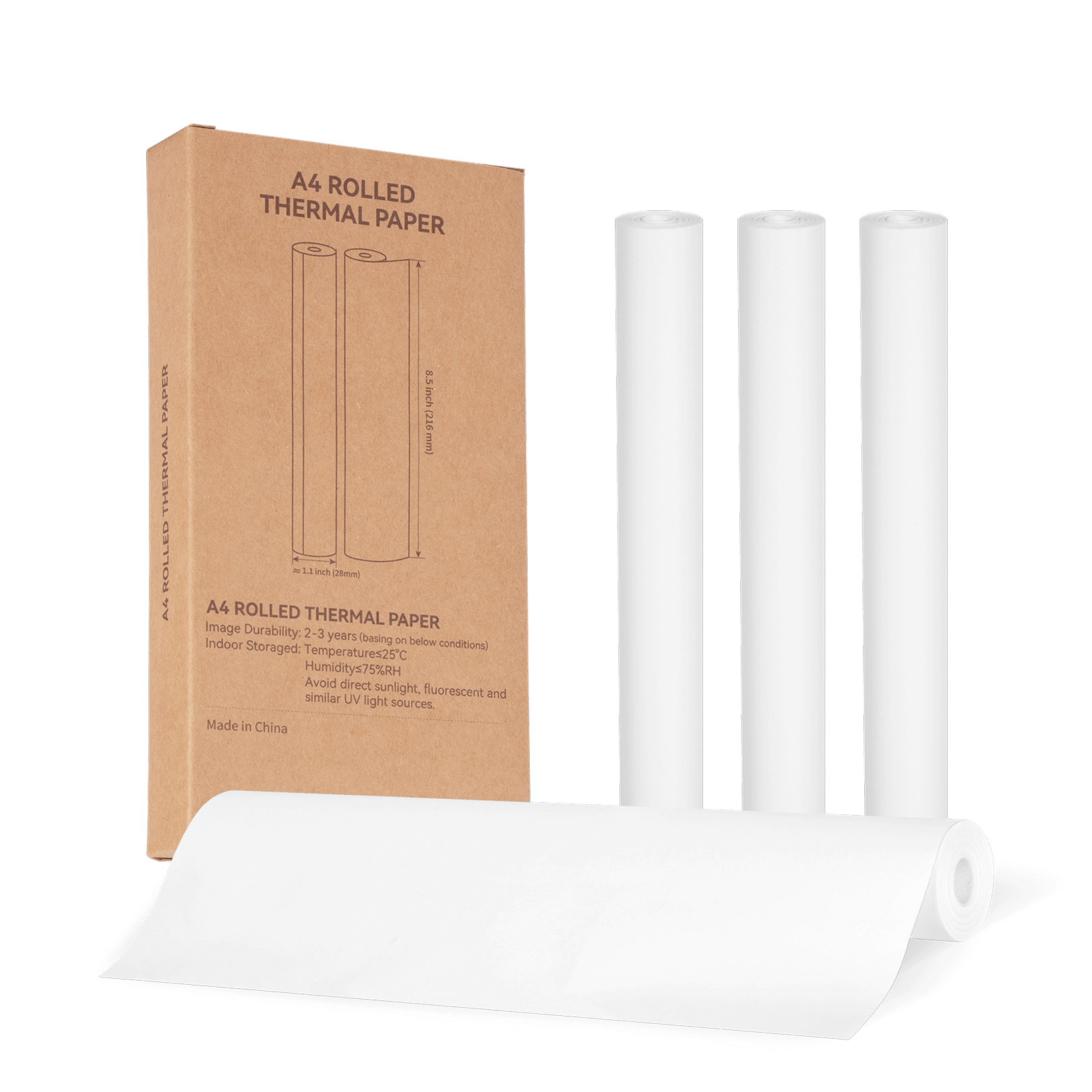 InkWon A4 rolled thermal paper with packaging on a transparent background