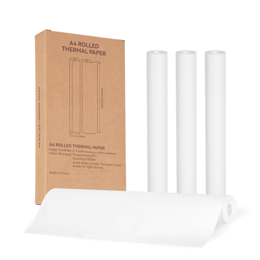 InkWon A4 rolled thermal paper with packaging on a transparent background